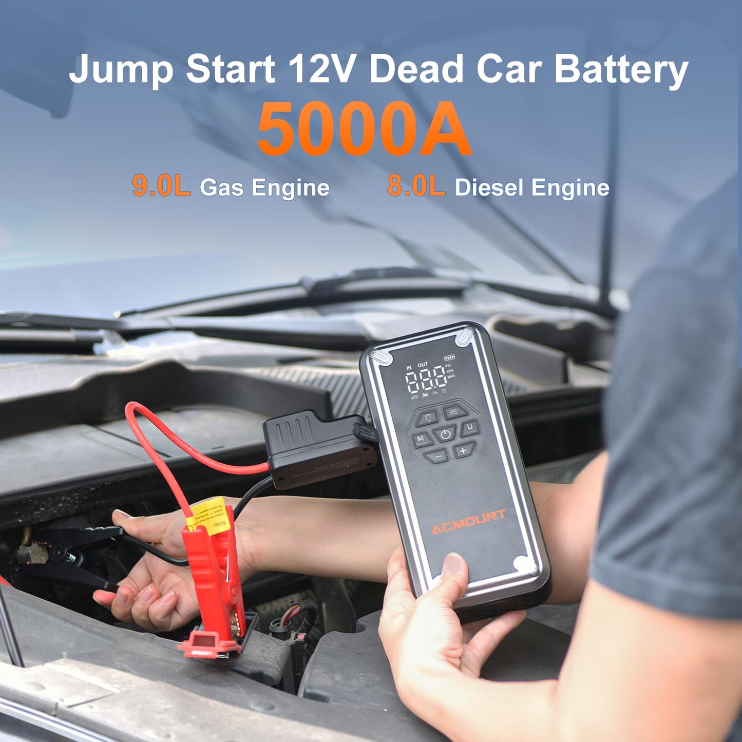 Acmount W160 Jump Starter with Air Compressor, 5000A Car Jump Starter 150PSI Tire Inflator, 12V Car Battery Jumper Pack for Up to 9.0 Gas/8.0L Diesel, Portable Air Pump with LCD Display & LED Light