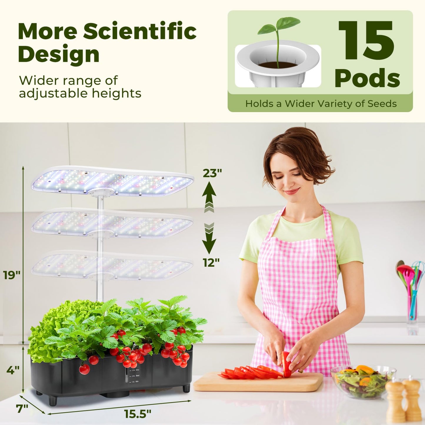 Kingsyard Smart Hydroponics LED, 48W Indoor Garden Grow System, Visible 5L Tank Quiet Pump Auto Timer Kit 15 Pods Herb Seed Starter for Veggies & Salad Greens Plants