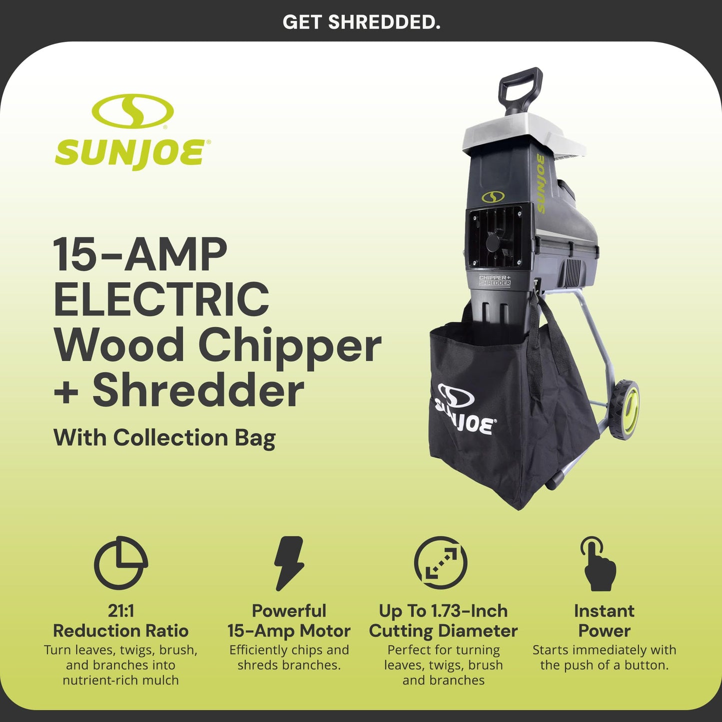 Sun Joe CJ603E Corded Wood Chipper and Shredder with 15A Electric Motor, 1.7-Inch Cutting Diameter, Includes Safety Hopper, Feeding Paddle, and Collection Bag