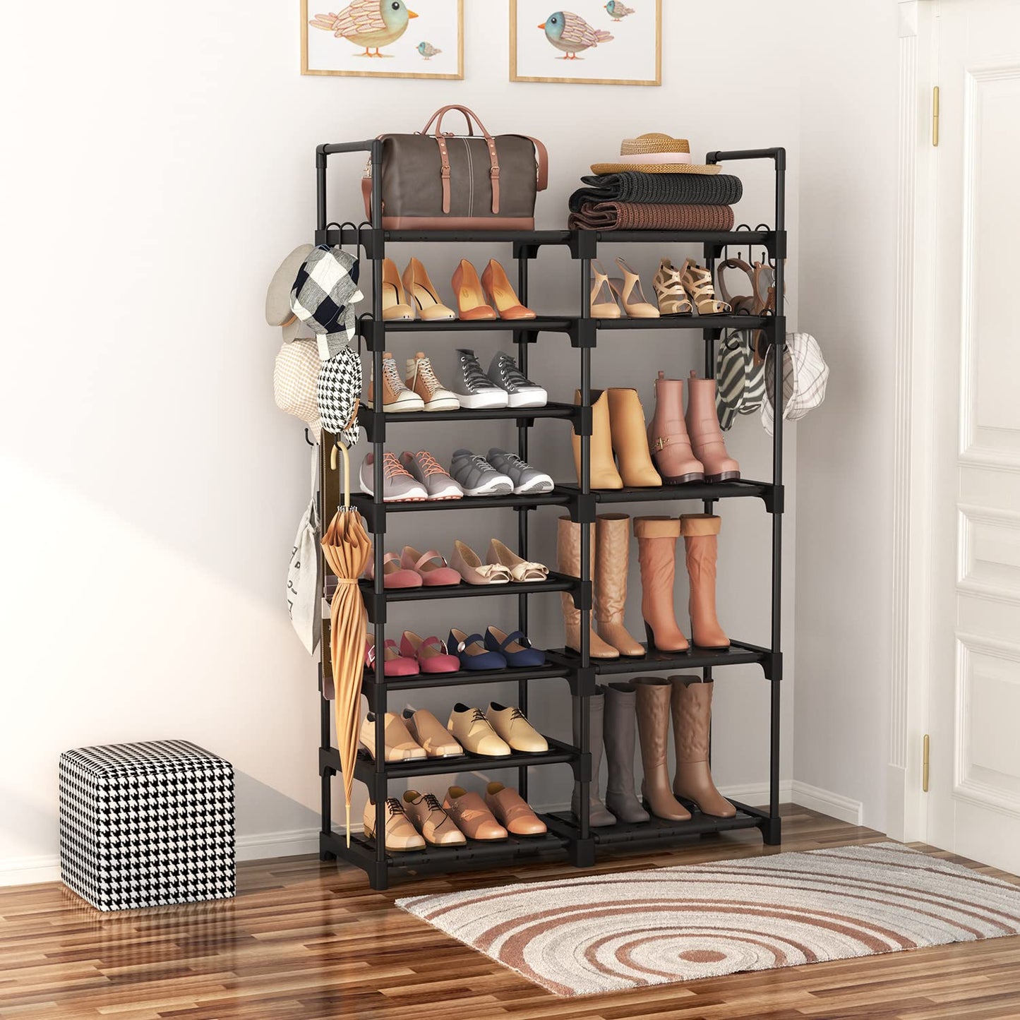ROJASOP Shoe Rack Organizer, 8-Tier Metal Shoe Rack for Closet Entryway Garage, 26-32 Pairs Tall Shoe Boot Storage Shelf with 15 Hooks, Stackable Large Shoe Stand