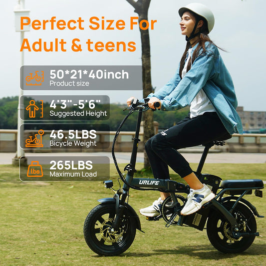 URLIFE Electric Bike for Adults, 14" Folding Electric Bike, 500W Peak Motor, 48V 375Wh Removable Battery, 15.5MPH, 40 Miles Long Range, E Bikes for Adults and Teens, UL 2849 Certification (Dark Black)