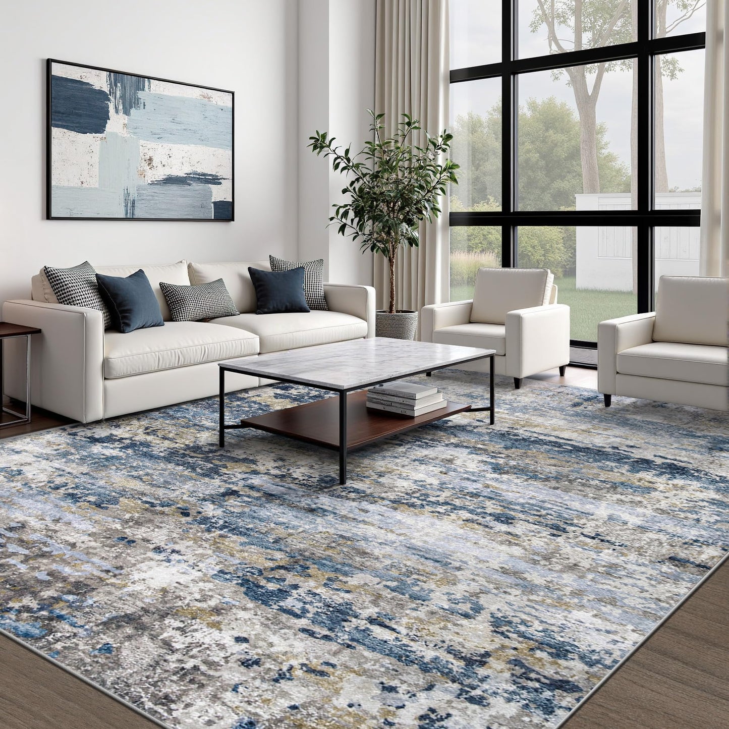 Area Rugs 8x10 for Living Room: Washable Rug Modern Abstract Neutral Soft Non-Slip Low-Pile Indoor Large Carpet for Bedroom Dining Room Playroom Home Office (Blue Grey Brown, 8'x10')