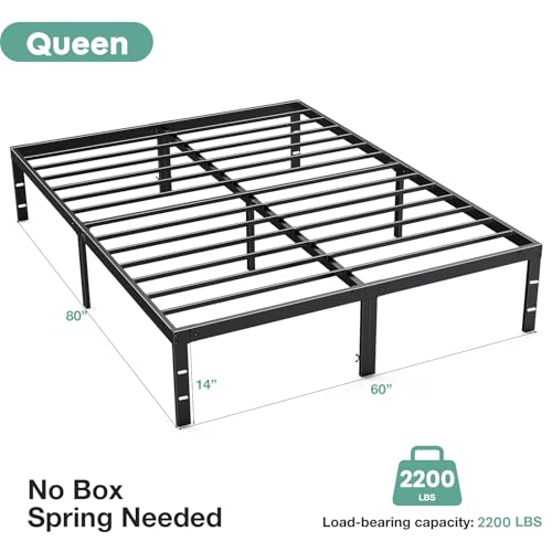 Sweetcrispy Queen Bed Frame - Heavy Duty Metal Platform Bed Frames Queen Size with Storage Space Under Frame, No Box Spring Needed, 14 Inches, Sturdy Steel Slat Support