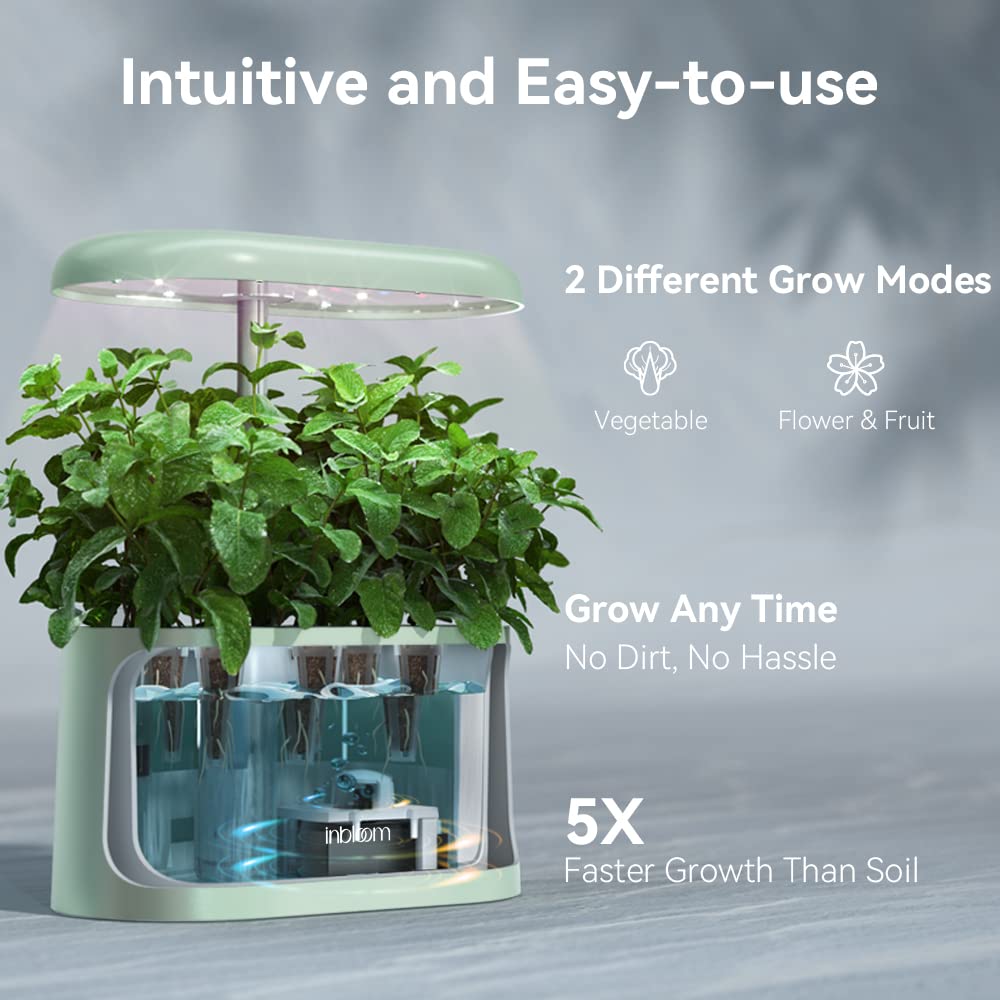 inbloom Hydroponics Growing System Kit Indoor Garden with LED Grow Light and Pod Kit, Plants Germination Kit for 5 Pods, Mufga Hydroponics Garden, Height Adjustable, Gardening Gifts(Green)