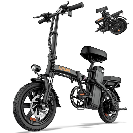URLIFE Electric Bike for Adults, 14" Folding Electric Bike, 500W Peak Motor, 48V 375Wh Removable Battery, 15.5MPH, 40 Miles Long Range, E Bikes for Adults and Teens, UL 2849 Certification (Dark Black)