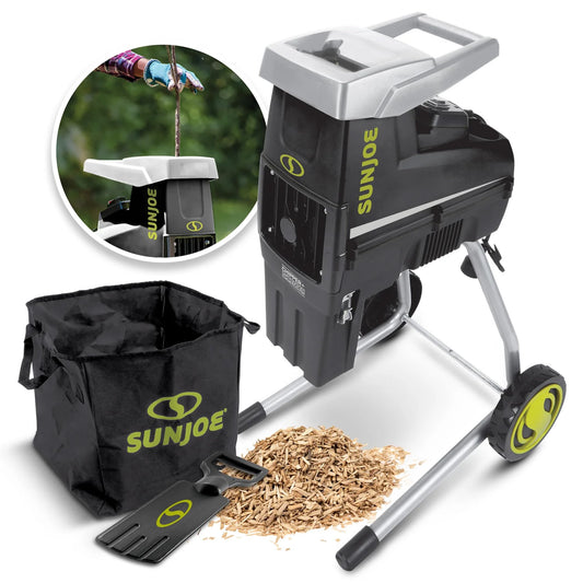 Sun Joe CJ603E Corded Wood Chipper and Shredder with 15A Electric Motor, 1.7-Inch Cutting Diameter, Includes Safety Hopper, Feeding Paddle, and Collection Bag