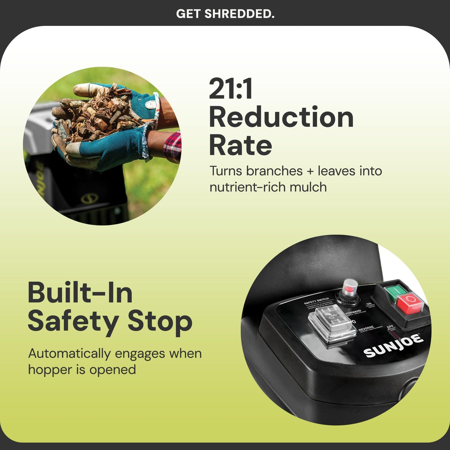 Sun Joe CJ603E Corded Wood Chipper and Shredder with 15A Electric Motor, 1.7-Inch Cutting Diameter, Includes Safety Hopper, Feeding Paddle, and Collection Bag