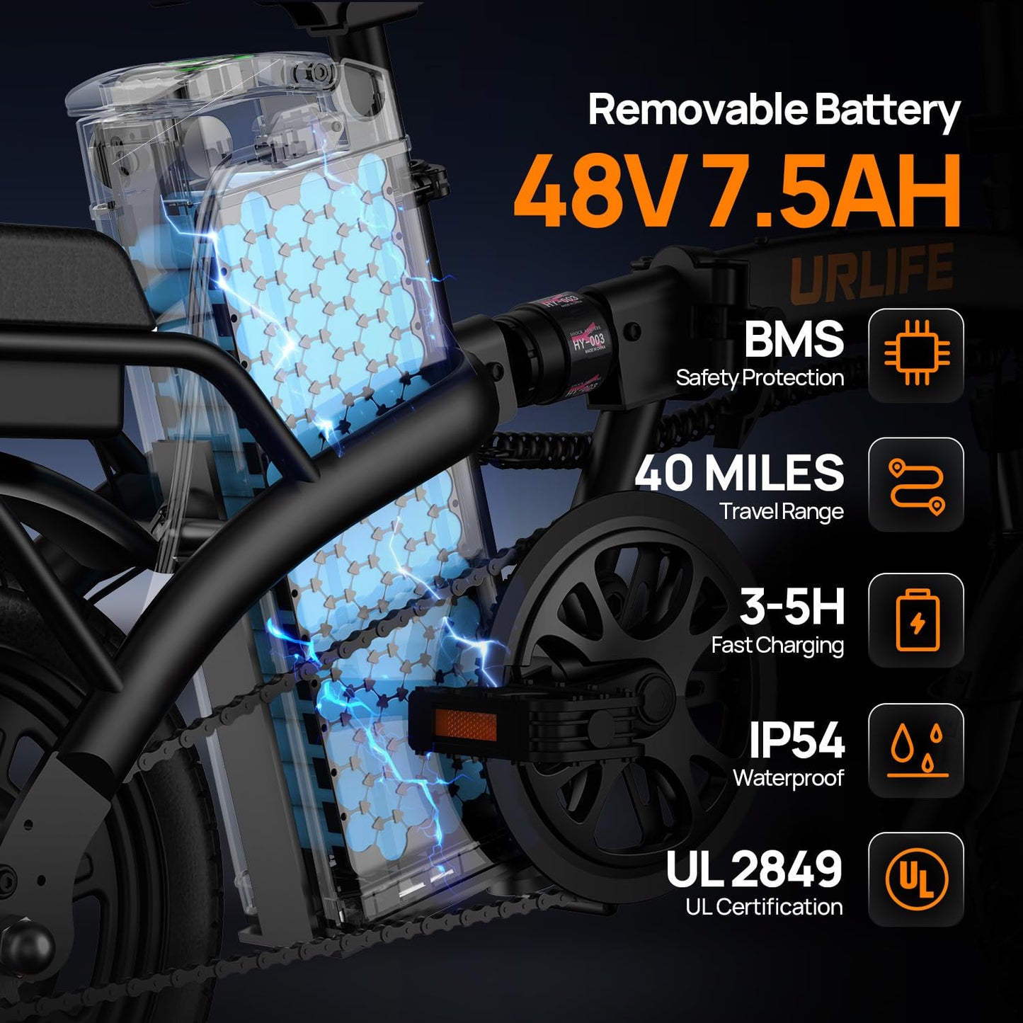 URLIFE Electric Bike for Adults, 14" Folding Electric Bike, 500W Peak Motor, 48V 375Wh Removable Battery, 15.5MPH, 40 Miles Long Range, E Bikes for Adults and Teens, UL 2849 Certification (Dark Black)