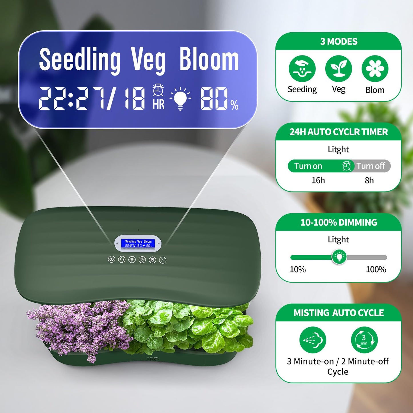 Hydroponics Growing System Kit Indoor: Aeroponics Herb Garden Kit 15 Pods, 3 Grow Modes, 24H Timer Hydroponic Gardening System, Quiet Smart Water Pump Hydroponic Planter For Home Kitchen Office