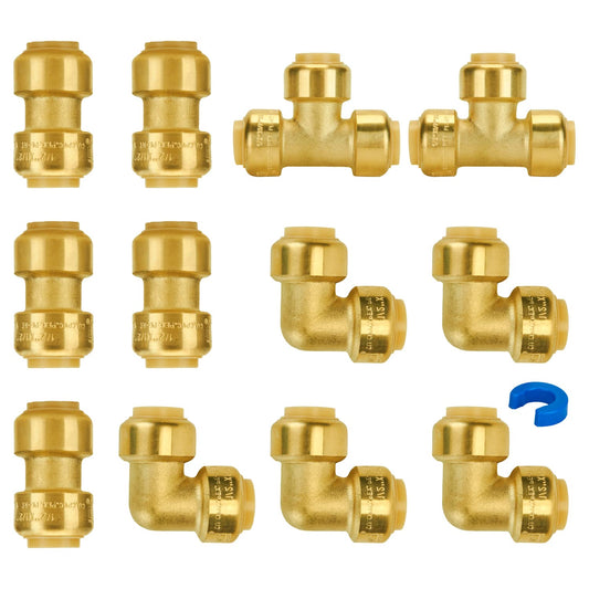 SUNGATOR Plumbing Fittings 1/2 Inch, Push Pex Fittings 1/2 Inch, 5 Each Coupling and 90 Degree Elbow, Tee(2 PCS), No Lead Brass Push to Connect Pex Pipe,Copper,CPVC, with 1 Disconnect Clip, Pack of 12