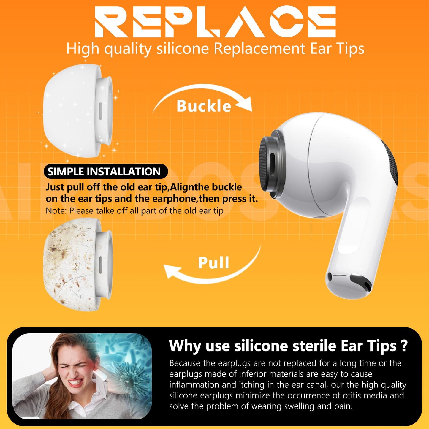 4 Pairs Replacement Ear Tips for AirPods Pro 2nd/1st Generation with Portable Storage Box & Cleaner Pen,Noise Reduction Holewith & Built-in dust Guard Screen,Silicone Ear Tips for AirPods Pro (White)