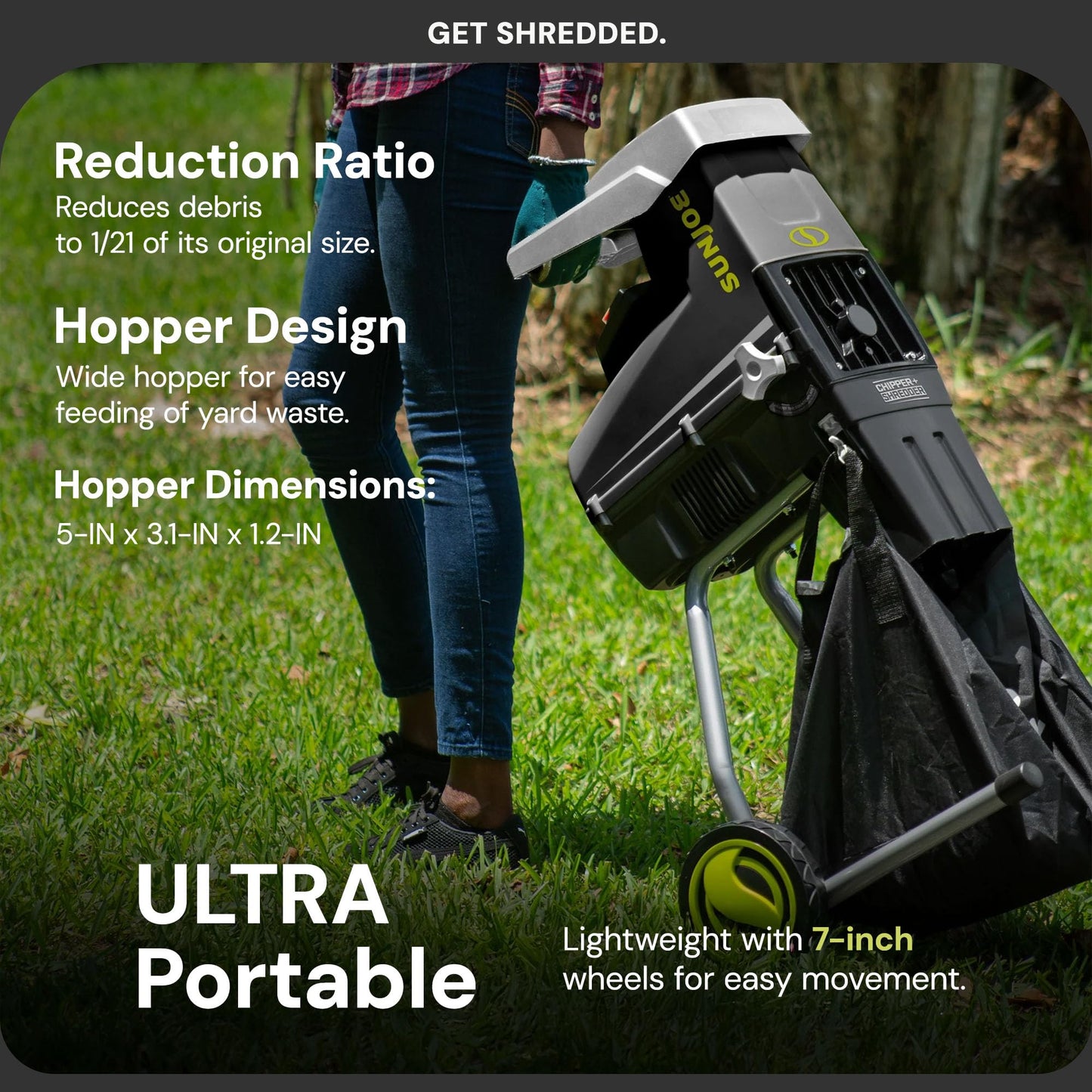 Sun Joe CJ603E Corded Wood Chipper and Shredder with 15A Electric Motor, 1.7-Inch Cutting Diameter, Includes Safety Hopper, Feeding Paddle, and Collection Bag