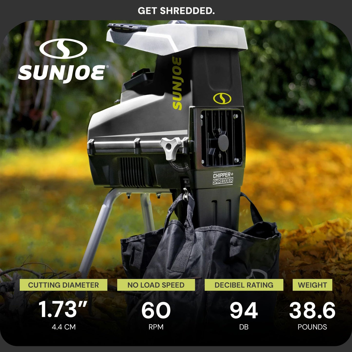 Sun Joe CJ603E Corded Wood Chipper and Shredder with 15A Electric Motor, 1.7-Inch Cutting Diameter, Includes Safety Hopper, Feeding Paddle, and Collection Bag