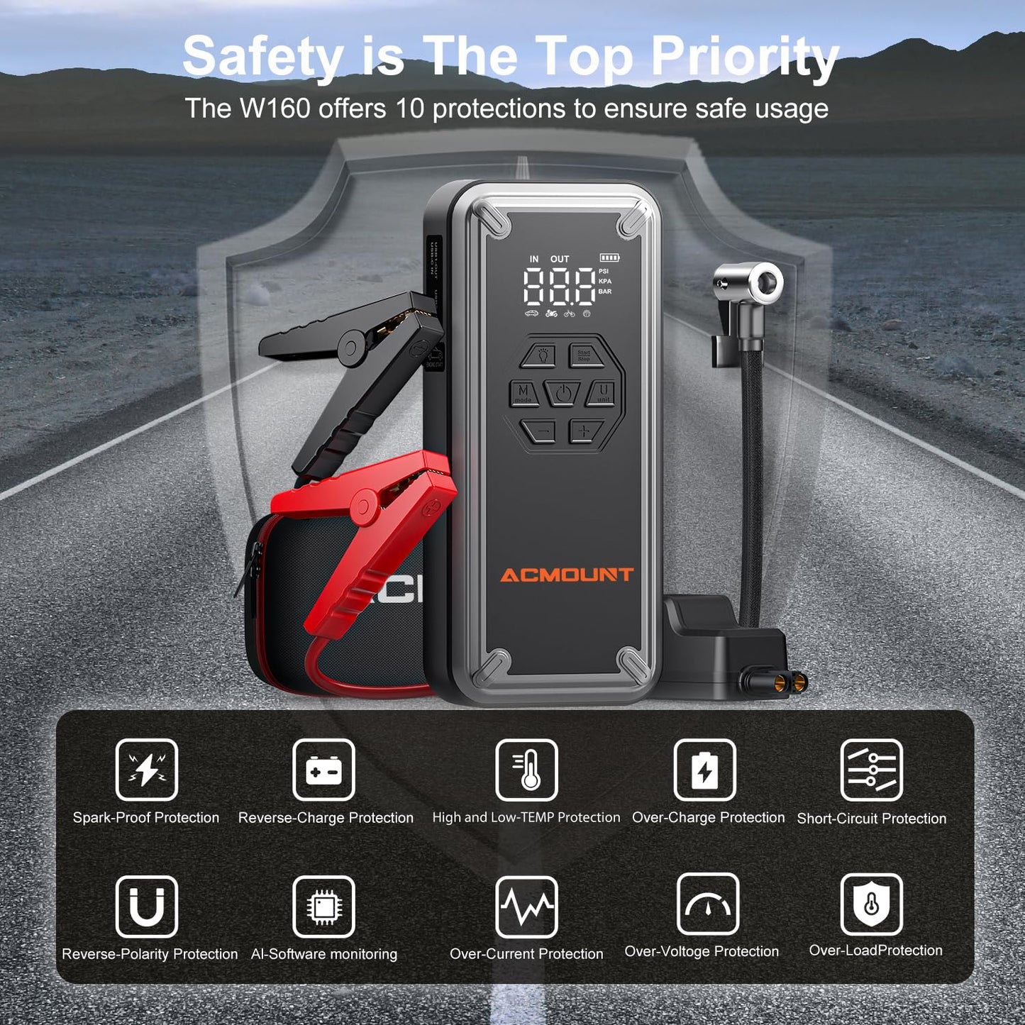 Acmount W160 Jump Starter with Air Compressor, 5000A Car Jump Starter 150PSI Tire Inflator, 12V Car Battery Jumper Pack for Up to 9.0 Gas/8.0L Diesel, Portable Air Pump with LCD Display & LED Light