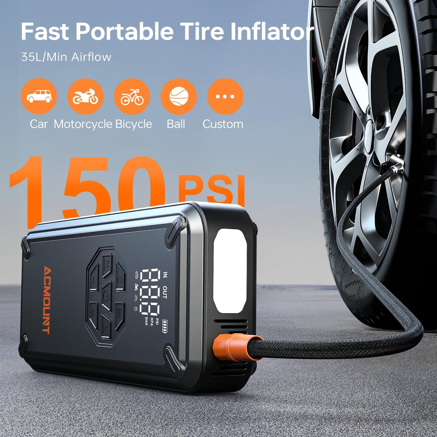 Acmount W160 Jump Starter with Air Compressor, 5000A Car Jump Starter 150PSI Tire Inflator, 12V Car Battery Jumper Pack for Up to 9.0 Gas/8.0L Diesel, Portable Air Pump with LCD Display & LED Light