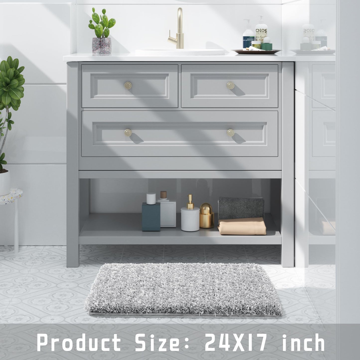 Yimobra Bathroom Rugs Non Slip Washable 24x17, Ultra Soft and Water Absorbent Bath Mats, Plush Fluffy Shower Mat Outside, Microfiber Thick Matts for Bathroom Floor/Sink, Light Gray and White