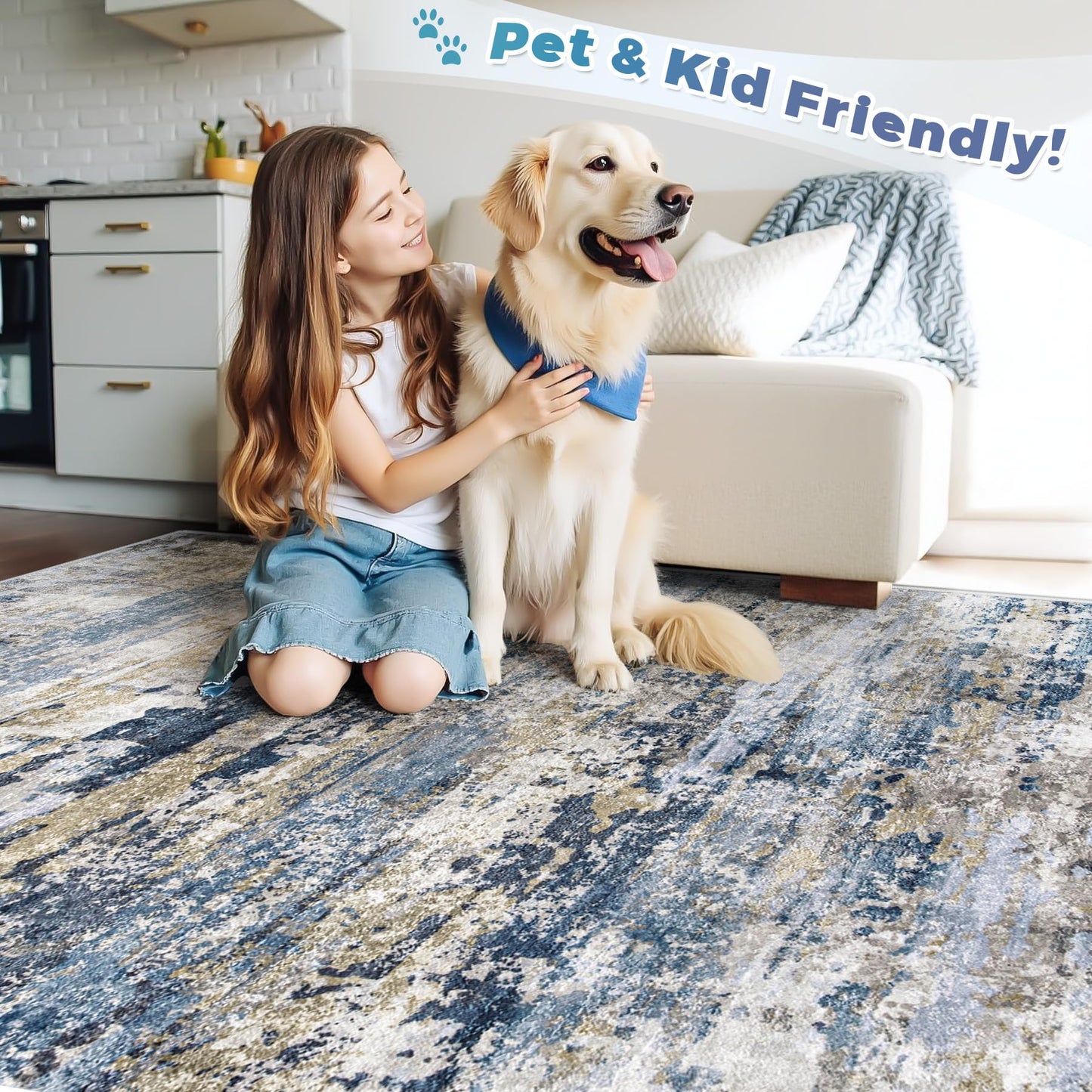 Area Rugs 8x10 for Living Room: Washable Rug Modern Abstract Neutral Soft Non-Slip Low-Pile Indoor Large Carpet for Bedroom Dining Room Playroom Home Office (Blue Grey Brown, 8'x10')