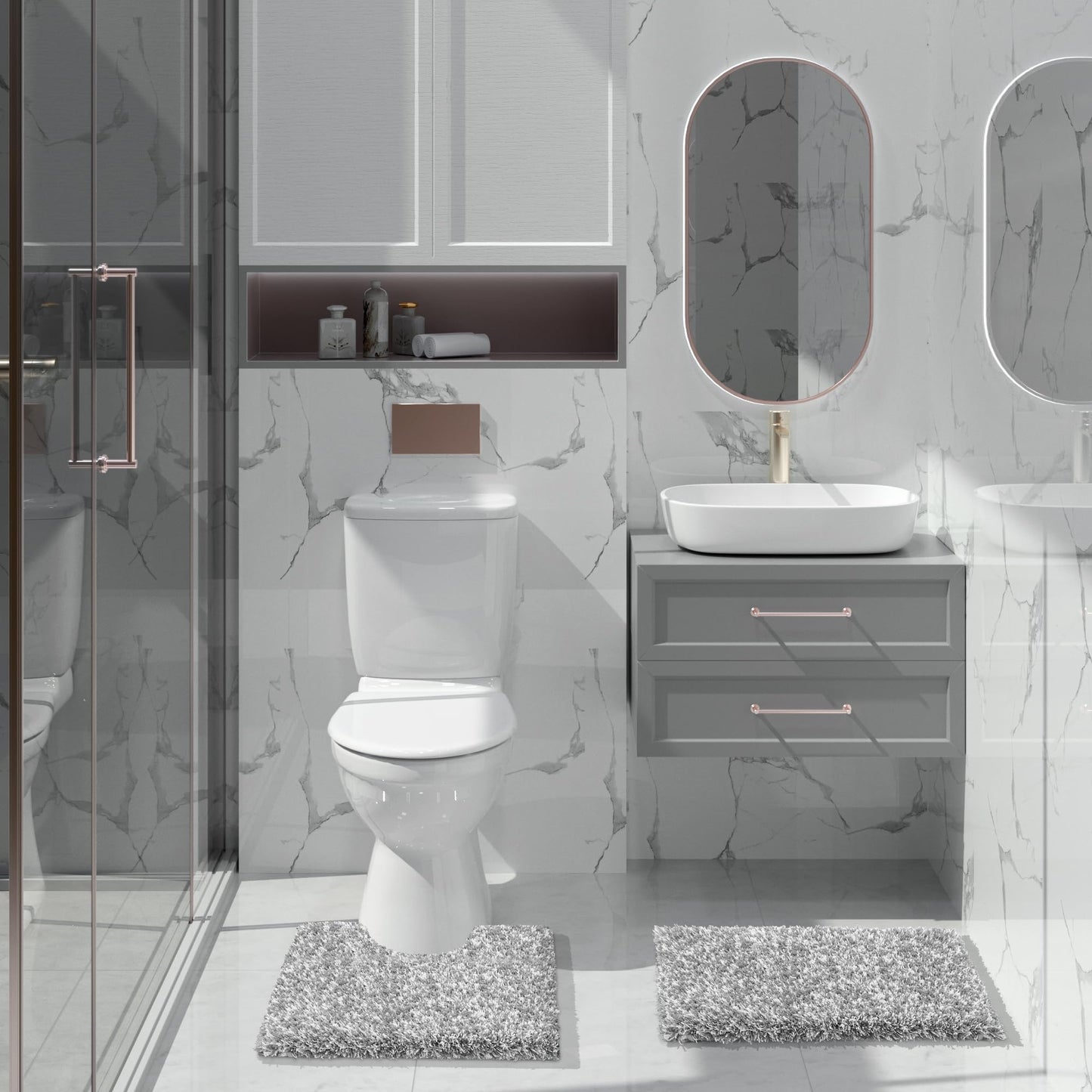 Yimobra Bathroom Rugs Non Slip Washable 24x17, Ultra Soft and Water Absorbent Bath Mats, Plush Fluffy Shower Mat Outside, Microfiber Thick Matts for Bathroom Floor/Sink, Light Gray and White