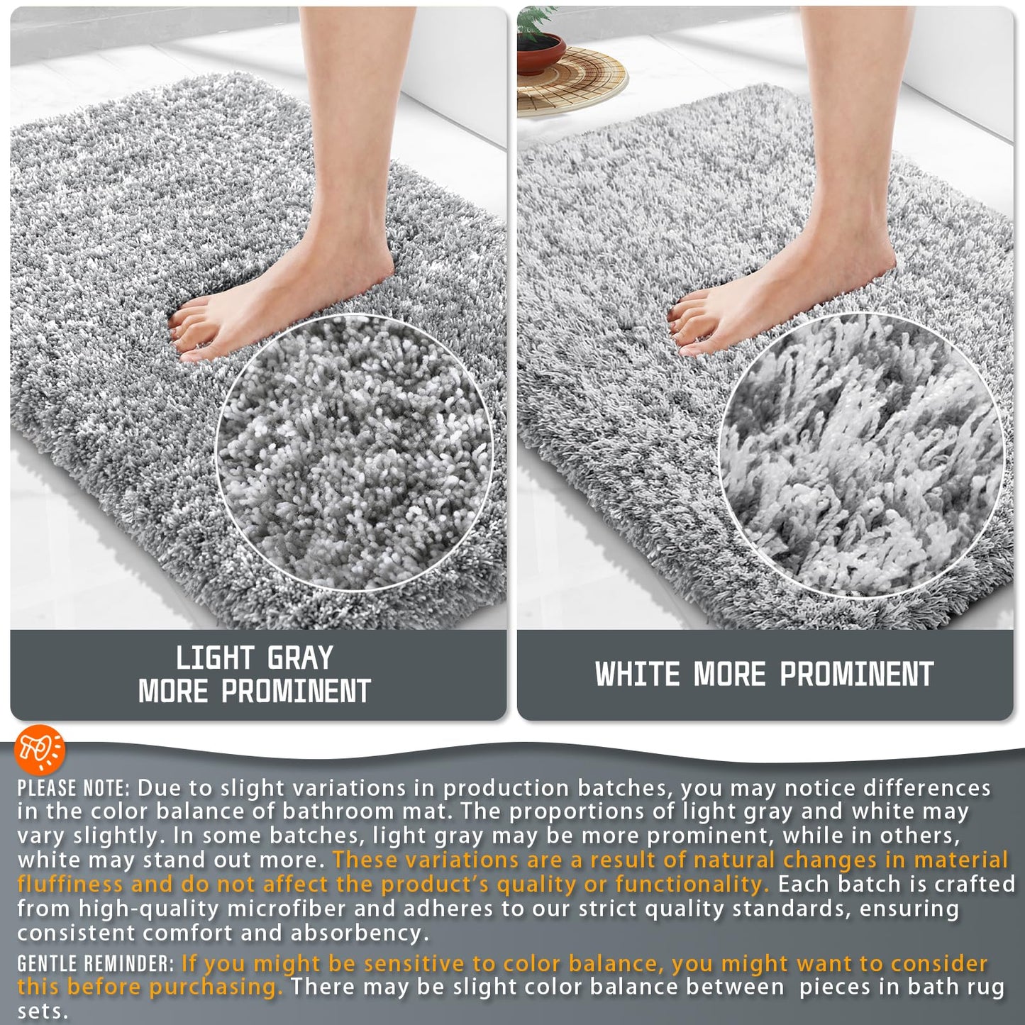 Yimobra Bathroom Rugs Non Slip Washable 24x17, Ultra Soft and Water Absorbent Bath Mats, Plush Fluffy Shower Mat Outside, Microfiber Thick Matts for Bathroom Floor/Sink, Light Gray and White