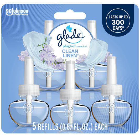 Glade PlugIns Refills Air Freshener, Scented and Essential Oils for Home and Bathroom, Clean Linen, 3.35 Fl Oz, 5 Count