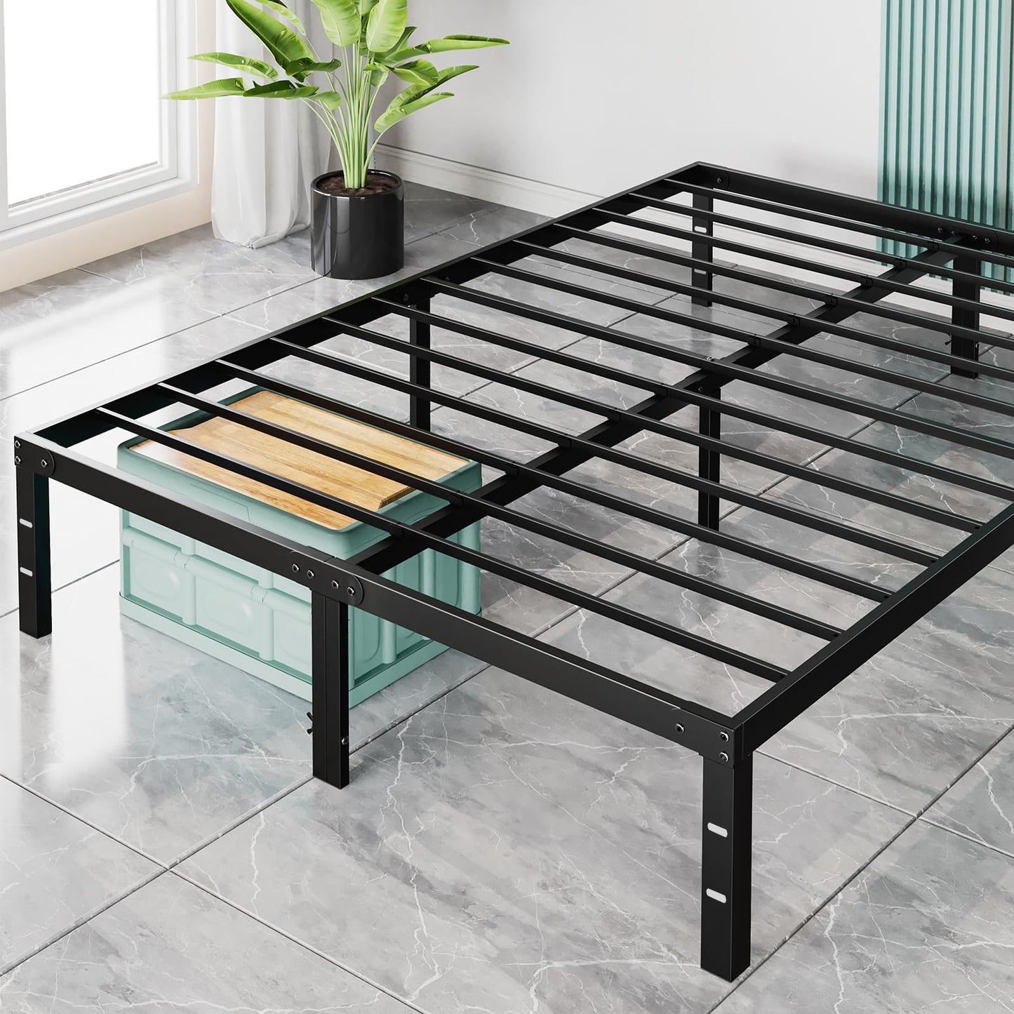 Sweetcrispy Queen Bed Frame - Heavy Duty Metal Platform Bed Frames Queen Size with Storage Space Under Frame, No Box Spring Needed, 14 Inches, Sturdy Steel Slat Support