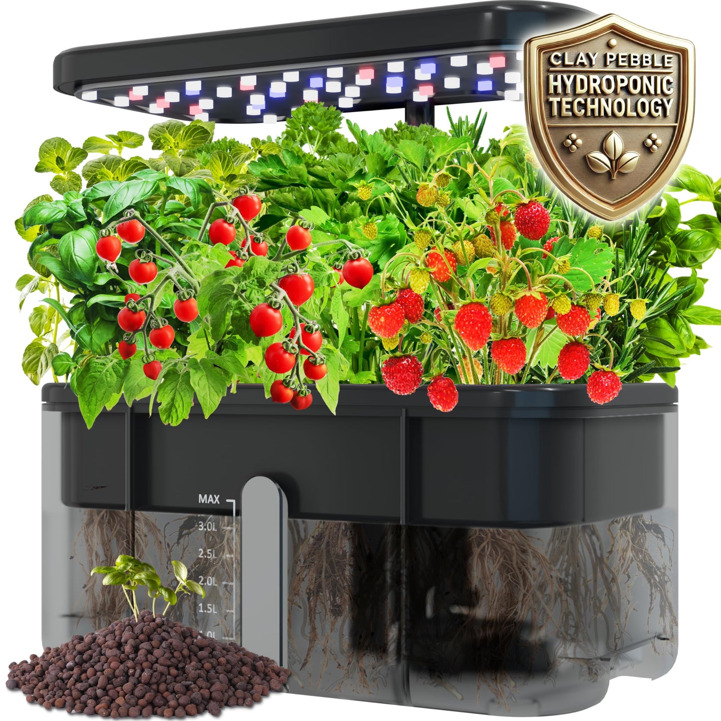 Clay Pebble Hydroponics Growing System Kit – Indoor Herb Garden with Smart LED Grow Light, Adjustable Height, and Complete Grow Kit – Nutrients Included for Cutting-Edge Indoor Gardening.